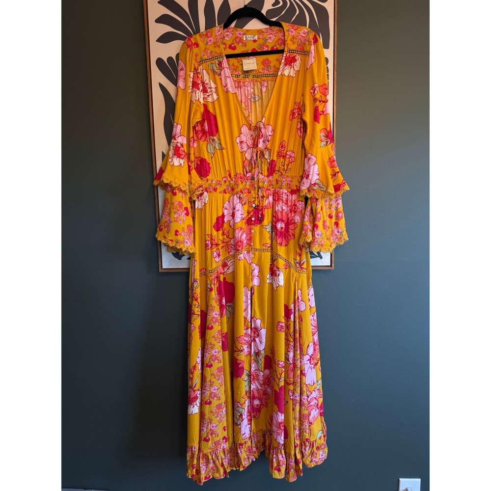 Free People Intimately Penny Printed Maxi Bodysuit Gold Floral Boho Dress M